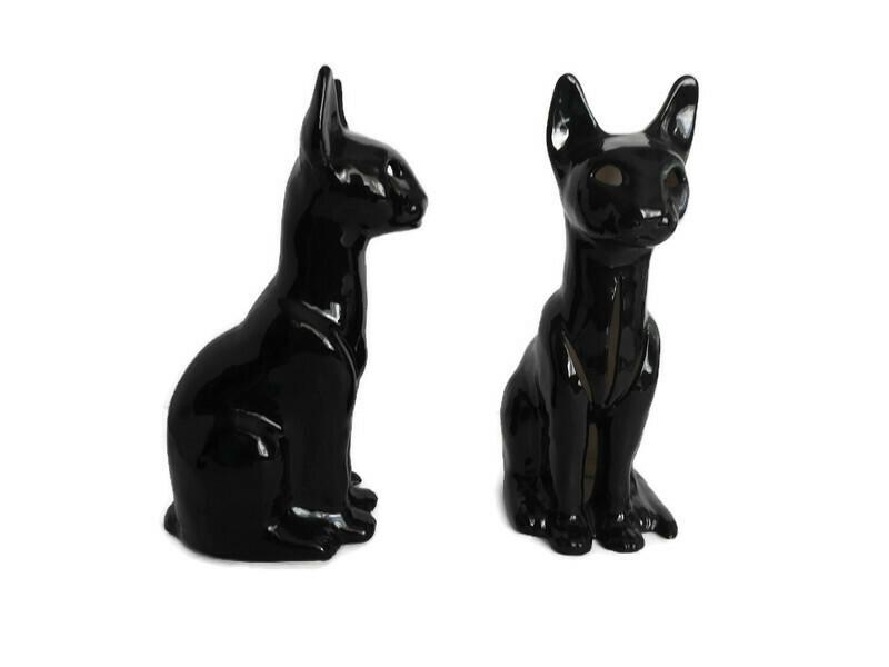 A Pair Of Vintage Studio Made Egyptian Black Cat Sculptures Studio Made Signed
